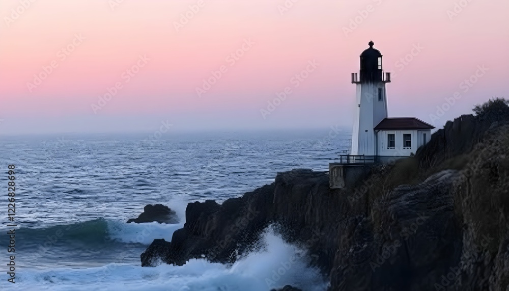 Lighthouse Standing Strong Against the Waves at Sunset Lighthouse Standing Strong Against the Waves at Sunset