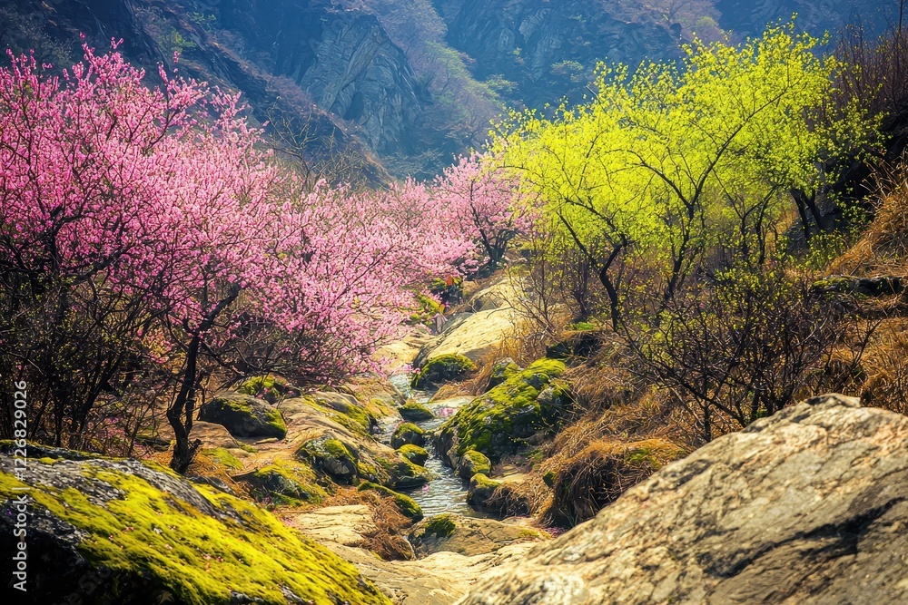 Spring Mountain Stream A mountain stream surrounded by blooming trees and moss-covered rocks. Spring Mountain Stream A mountain stream surrounded by blooming trees and moss-covered rocks.