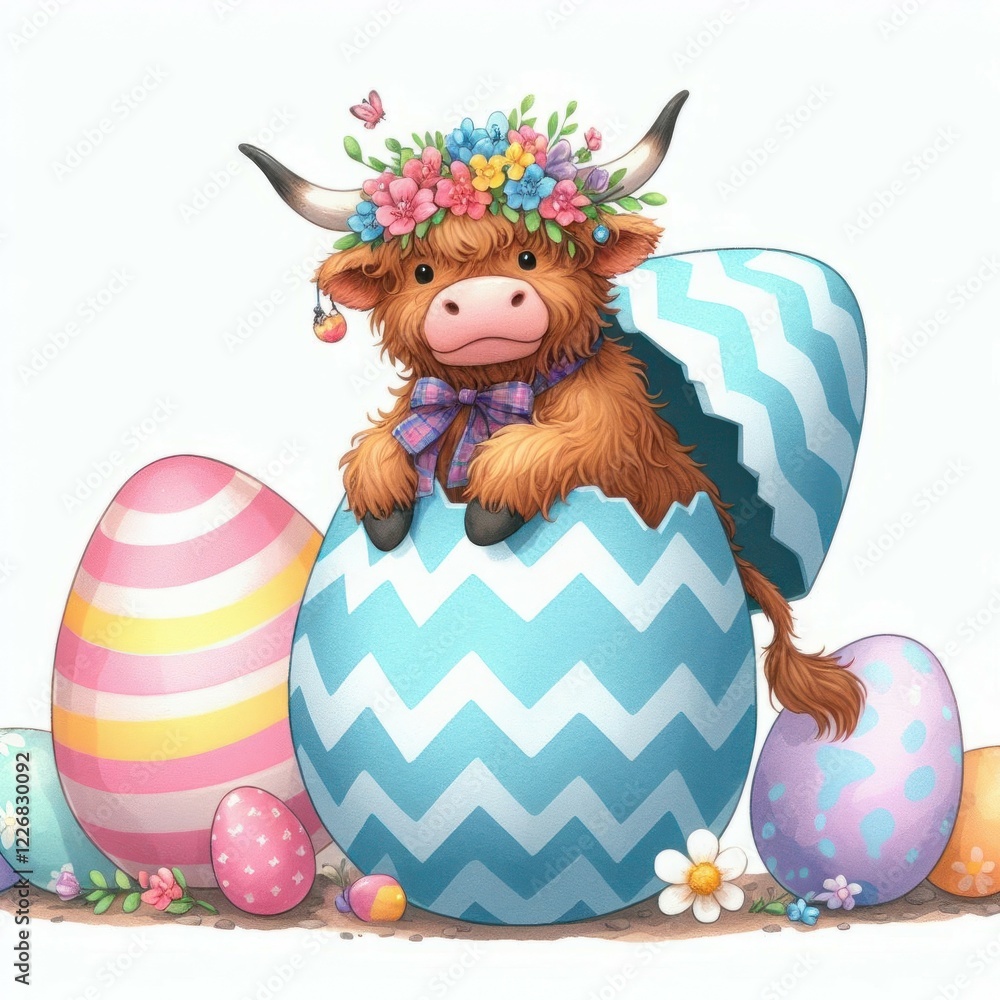 Obraz premium Cute cow with floral crown in colorful egg.