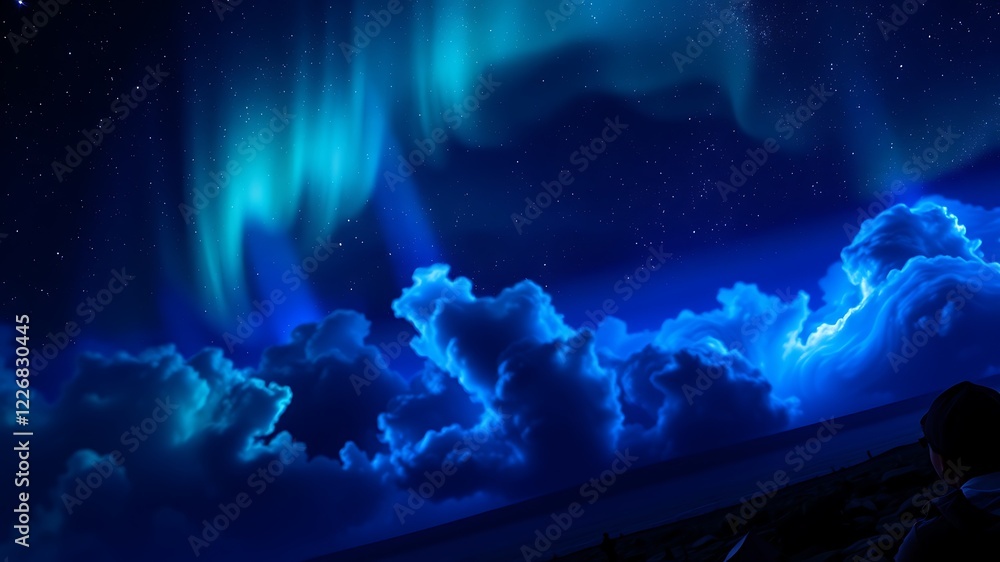 Obraz premium A breathtaking view of the aurora borealis illuminating a dramatic night sky filled with fluffy clouds, as seen from a coastal vantage point.
