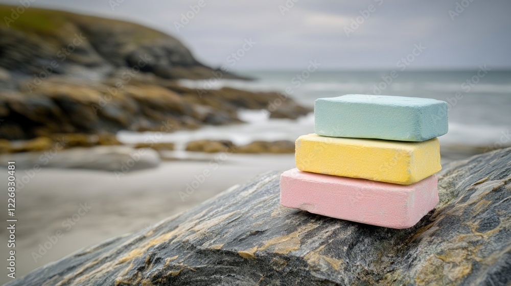 Pastel Cubes on Coastal Rock: A Serene Beachscape Pastel Cubes on Coastal Rock: A Serene Beachscape