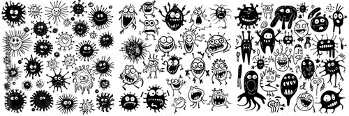 Colorful cartoon germs and microbes displayed in a playful arrangement on a white background showcasing various expressions