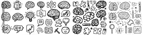 Creative collection of brain illustrations showcasing concepts related to mental health and cognitive functions