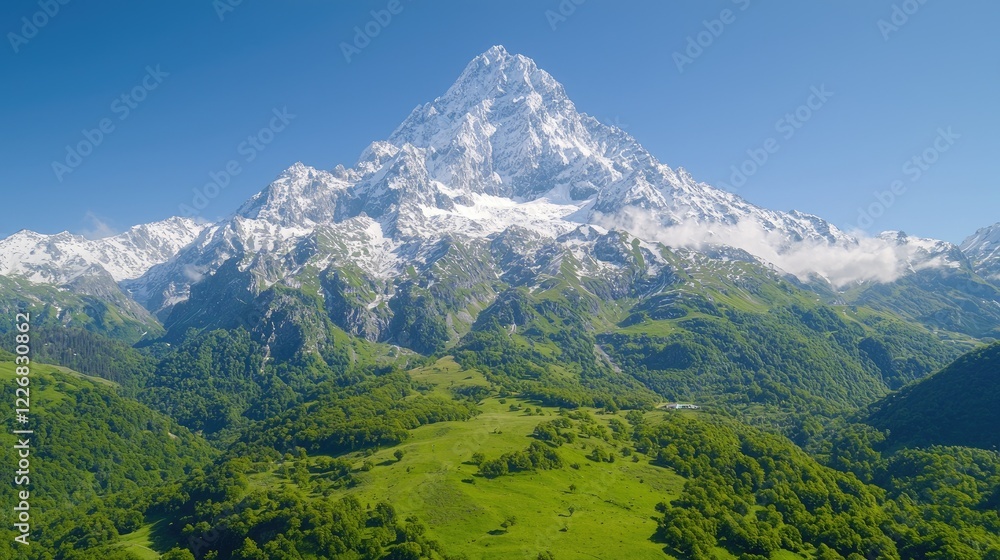 Fototapeta premium Majestic snow-capped peak, green valley, sunny day, aerial view; travel brochure