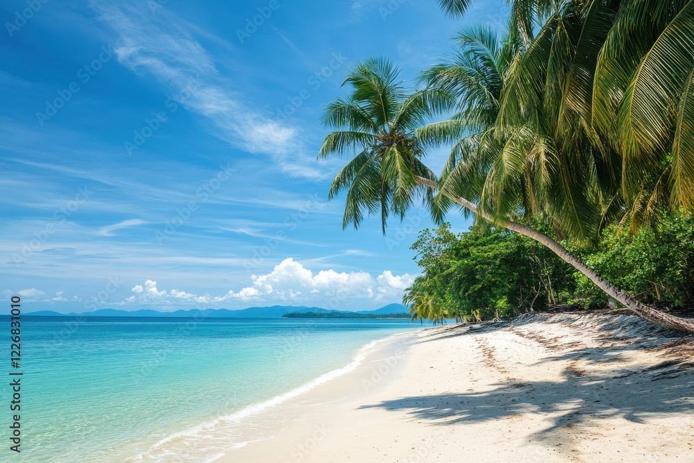Tropical beach paradise, palm trees, azure ocean, island background, vacation Tropical beach paradise, palm trees, azure ocean, island background, vacation