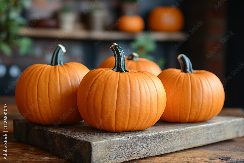 Autumn Pumpkins Resting On Rustic Wooden Board Autumn Pumpkins Resting On Rustic Wooden Board
