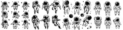 Diverse collection of astronauts engaged in various activities in a cosmic setting