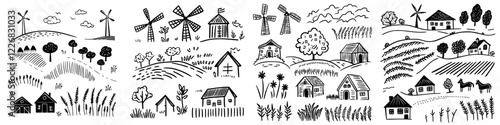 Rural landscape illustrations featuring windmills, houses, and fields in a harmonious countryside setting