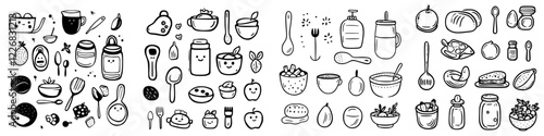 Illustrations of various kitchen utensils, ingredients, and dishes in a playful, artistic style for culinary inspiration