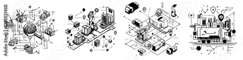 Detailed illustration of logistics and supply chain management in an urban environment