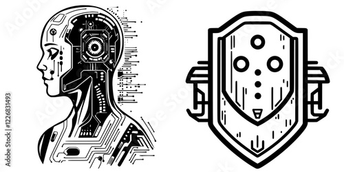 Futuristic humanoid robot design and shield emblem showcasing advanced technology