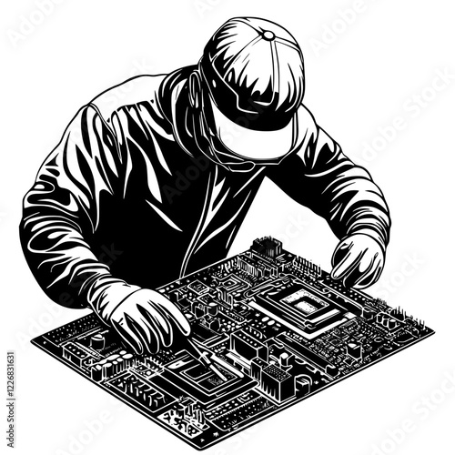 Technician works meticulously on a circuit board in a workshop