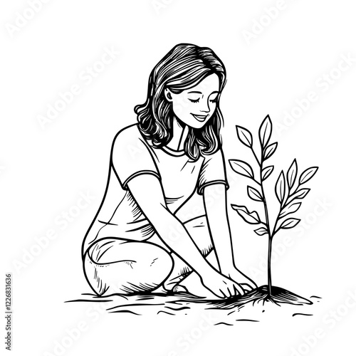 Young woman planting a small tree in soil during a sunny day in a garden demonstrating environmental awareness and care