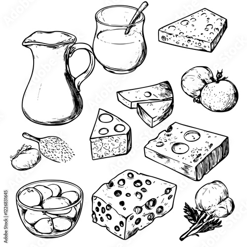 Various dairy products and cheeses arranged on a surface showcasing different textures and shapes