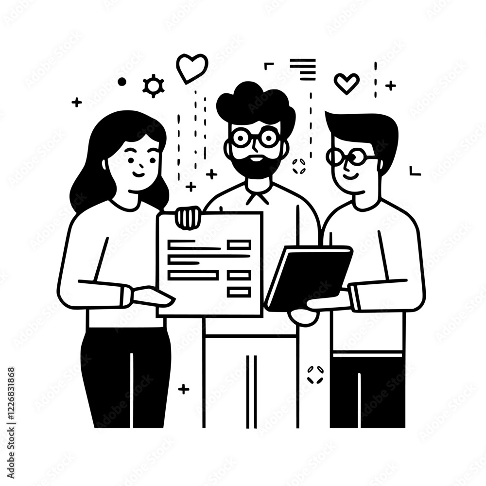 Collaboration among three individuals discussing a project and sharing documents in a modern workspace Collaboration among three individuals discussing a project and sharing documents in a modern workspace