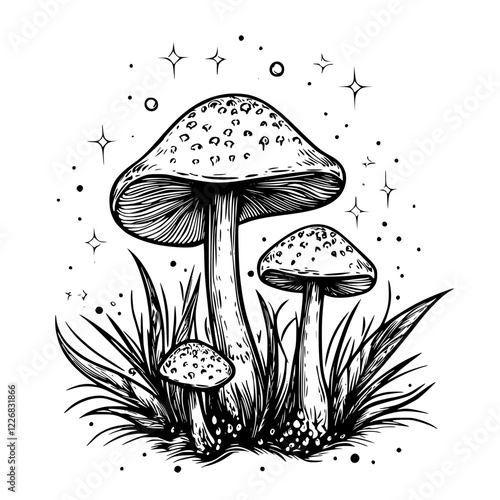 Mushrooms growing in a mystical setting with sparkling stars and grass