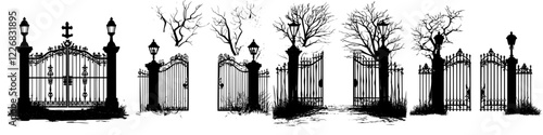 Intricate designs of wrought iron gates and fences set against bare trees in a deserted landscape