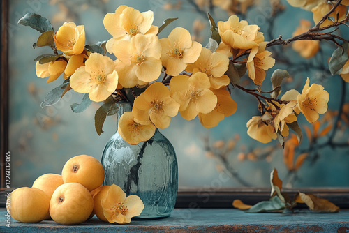 Yellow quince blossoms in a blue glass vase with fruit