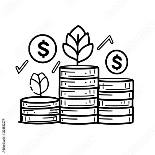 Growth of investments represented through coins and plants in a simple illustration