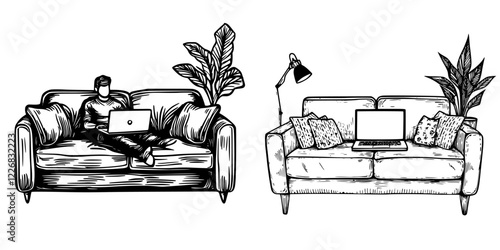 Living room design concepts with two sofas showcasing different styles and uses for technology