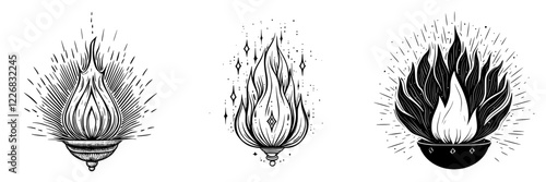 Creative decorative flame designs featuring intricate patterns and textures in black and white ideal for artistic applications