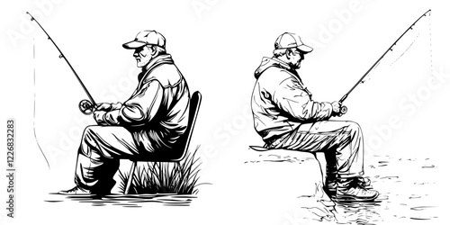 Fisherman sitting on a chair and a dock enjoying a peaceful day of fishing in a serene outdoor setting