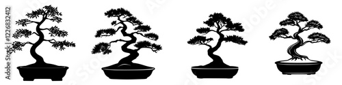 Bonsai tree illustrations showcasing different styles and shapes in a minimalist black and white design from a botanical perspective