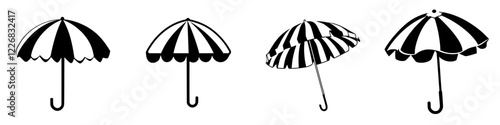 Various designs of striped beach umbrellas arranged in a row with a classic black and white theme