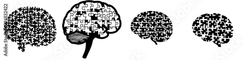 Different stages of puzzle assembly representing cognitive processes and problem-solving methods in human brain activity