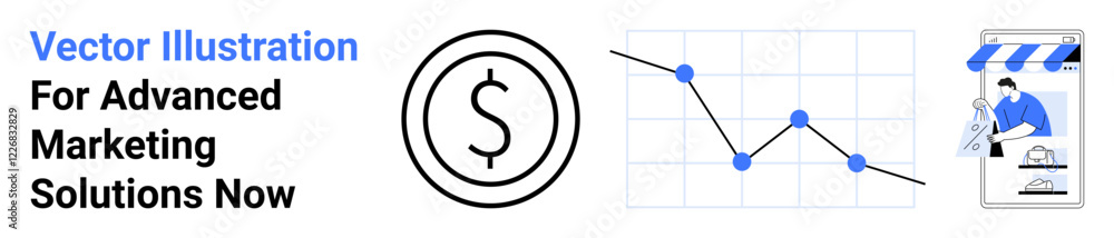Dollar icon, line graph with data points, and online store imagery visualizing financial growth, e-commerce, and analytics. Ideal for marketing, sales, advertising, analytics e-commerce finance Dollar icon, line graph with data points, and online store imagery visualizing financial growth, e-commerce, and analytics. Ideal for marketing, sales, advertising, analytics e-commerce finance