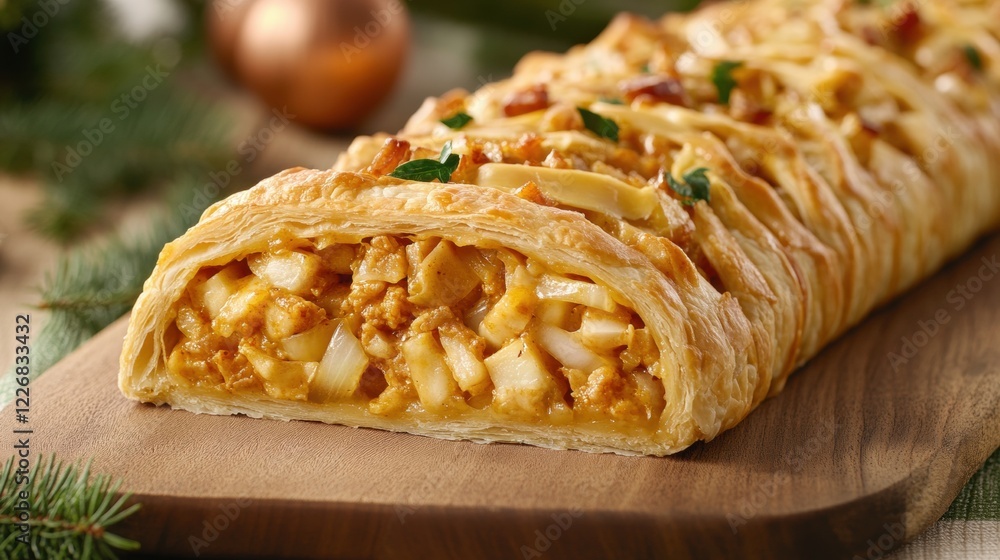 Delicious Savory Pastry Filled with Chicken and Vegetables Artfully Presented Delicious Savory Pastry Filled with Chicken and Vegetables Artfully Presented