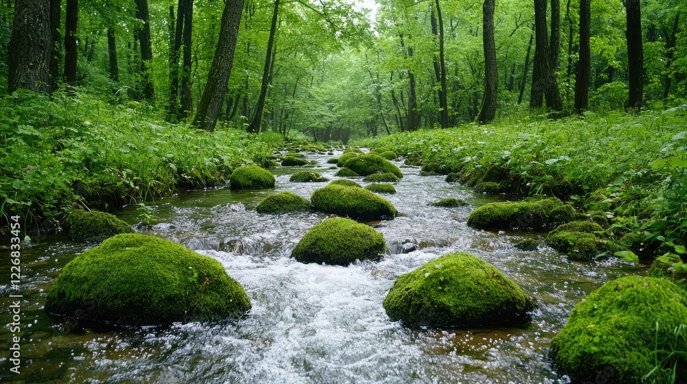 Fototapeta premium Lush green forest stream, mossy rocks, tranquil nature scene, perfect for relaxation or travel brochure