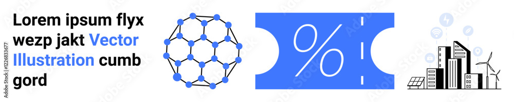 Molecule structure, percent symbol on a ticket, and a cityscape with wind turbines and bubbles. Ideal for science, technology, business, discounts, sustainability, modernity abstract line flat Molecule structure, percent symbol on a ticket, and a cityscape with wind turbines and bubbles. Ideal for science, technology, business, discounts, sustainability, modernity abstract line flat