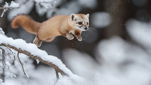 European pine marten leaping through snowladen branches agile form glowing in the crisp winter light a testament to the grace of forest predators photo