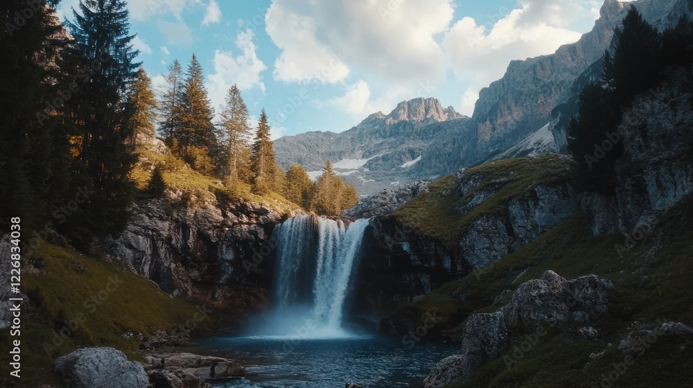 Majestic Waterfall Cascading into a Tranquil Pool Surrounded by Mountainous Alps Majestic Waterfall Cascading into a Tranquil Pool Surrounded by Mountainous Alps