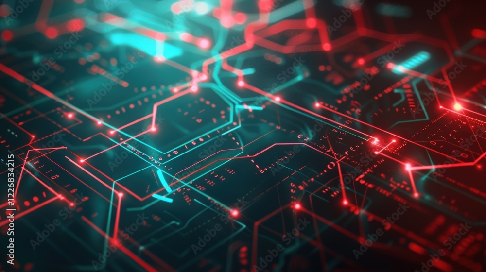 Abstract Futuristic Technology Network: Red and Teal Circuitry