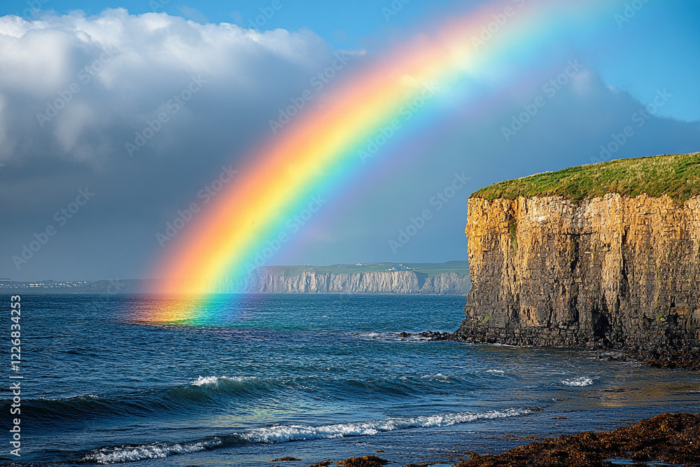 Fototapeta premium Rainbow Arcing Over Coastal Cliffs and Ocean Waves