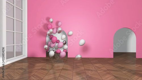 Colorful balloons flying in the room. 3D illustration, 3D rendering	