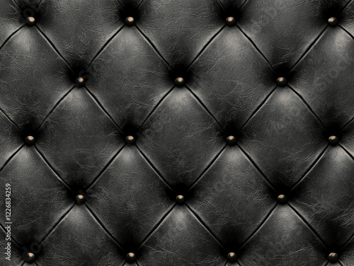 Black Leather Upholstery Texture: Luxurious black leather upholstery with a classic diamond tufted pattern and subtle metal studs, perfect for adding a touch of vintage elegance to your designs.  photo