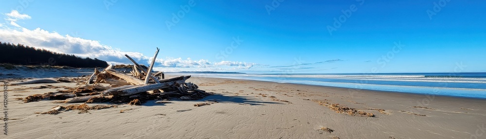 Fototapeta premium King tides surging over a sandy beach, reclaiming space and revealing driftwood treasures along the shore.