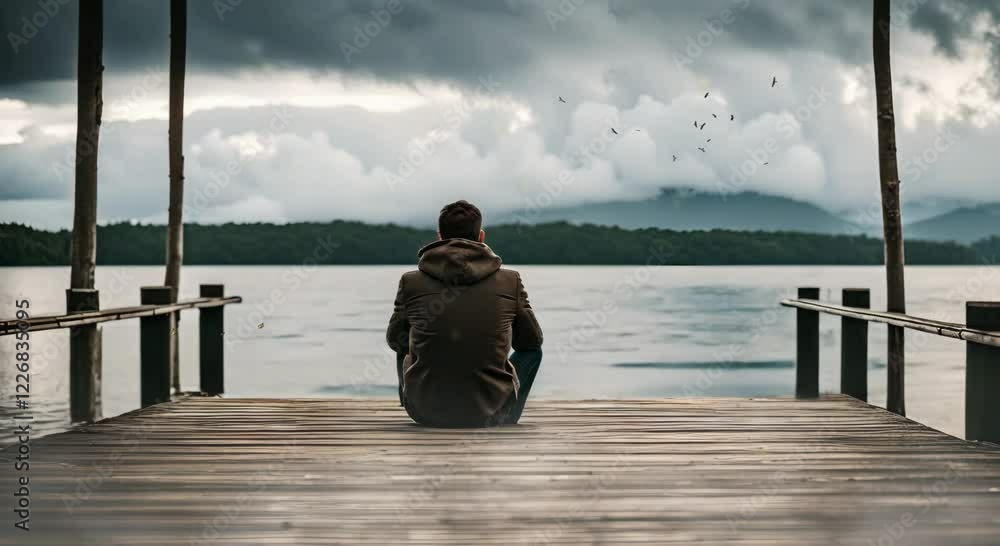 Man sitting on pier overlooking tropical lake, looping 4k time-lapse virtual video animation Generated AI. Cinematic. Man sitting on pier overlooking tropical lake, looping 4k time-lapse virtual video animation Generated AI. Cinematic.