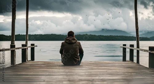 Man sitting on pier overlooking tropical lake, looping 4k time-lapse virtual video animation Generated AI. Cinematic.