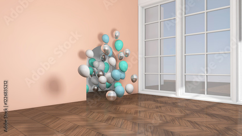 Colorful balloons flying in the room. 3D illustration, 3D rendering	
