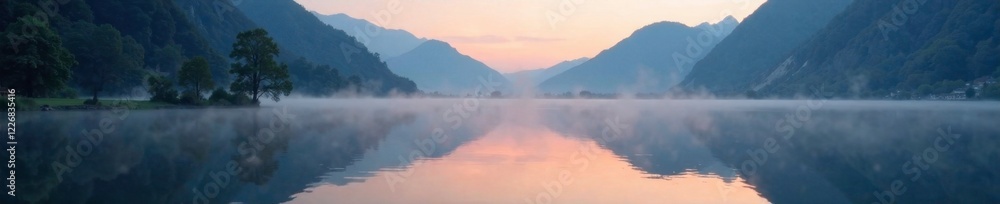 Obraz premium Serene lake at dawn with mist rising from water surface, lake, Trentino