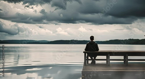 Tropical lake view with man sitting on pier, looping 4k time-lapse virtual video animation Generated AI. Cinematic.