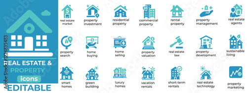 Real Estate and Property vector icons modern, editable designs for realtors, rentals, investments, construction, and housing