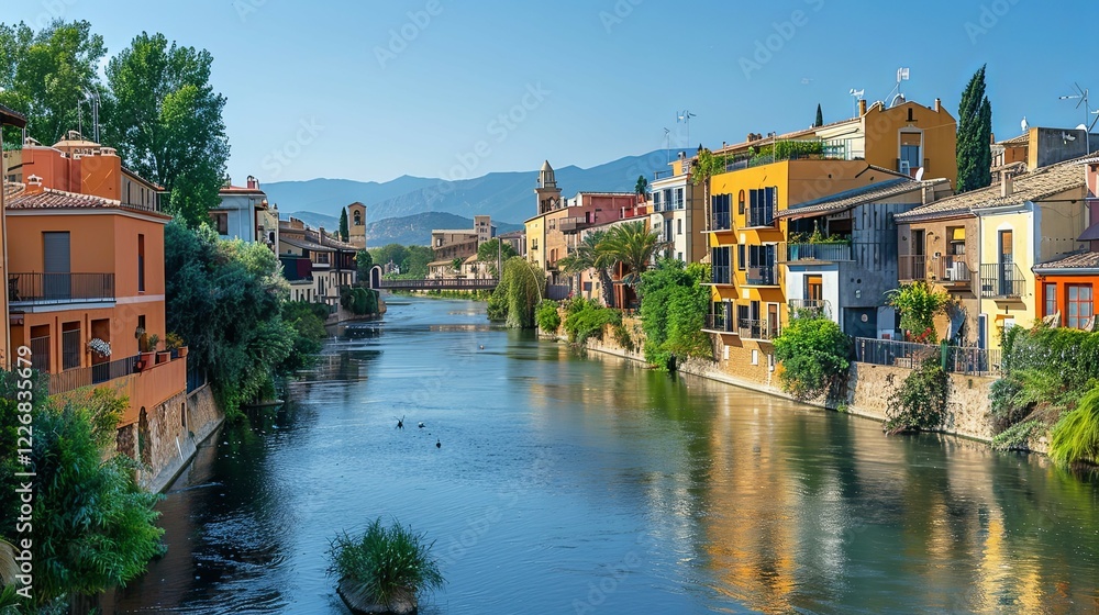 Obraz premium Colorful Buildings Line a Calm River Under a Sunny Sky