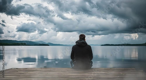  Covered man gazing at lake from tropical pier, looping 4k time-lapse virtual video animation Generated AI. Cinematic.