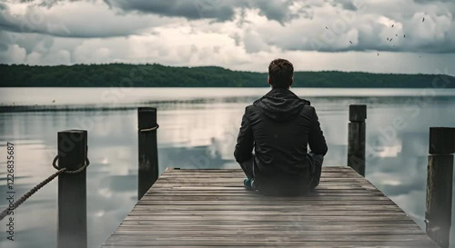 Man in contemplation on pier by tropical lake, looping 4k time-lapse virtual video animation Generated AI. Cinematic.