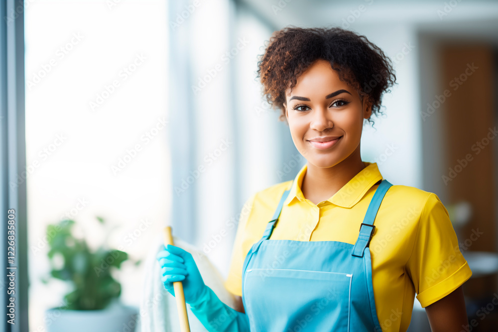 young woyoung woman, African American, in yellow and blue work clothes with a mop in her hands, cleaning the room young woyoung woman, African American, in yellow and blue work clothes with a mop in her hands, cleaning the room
